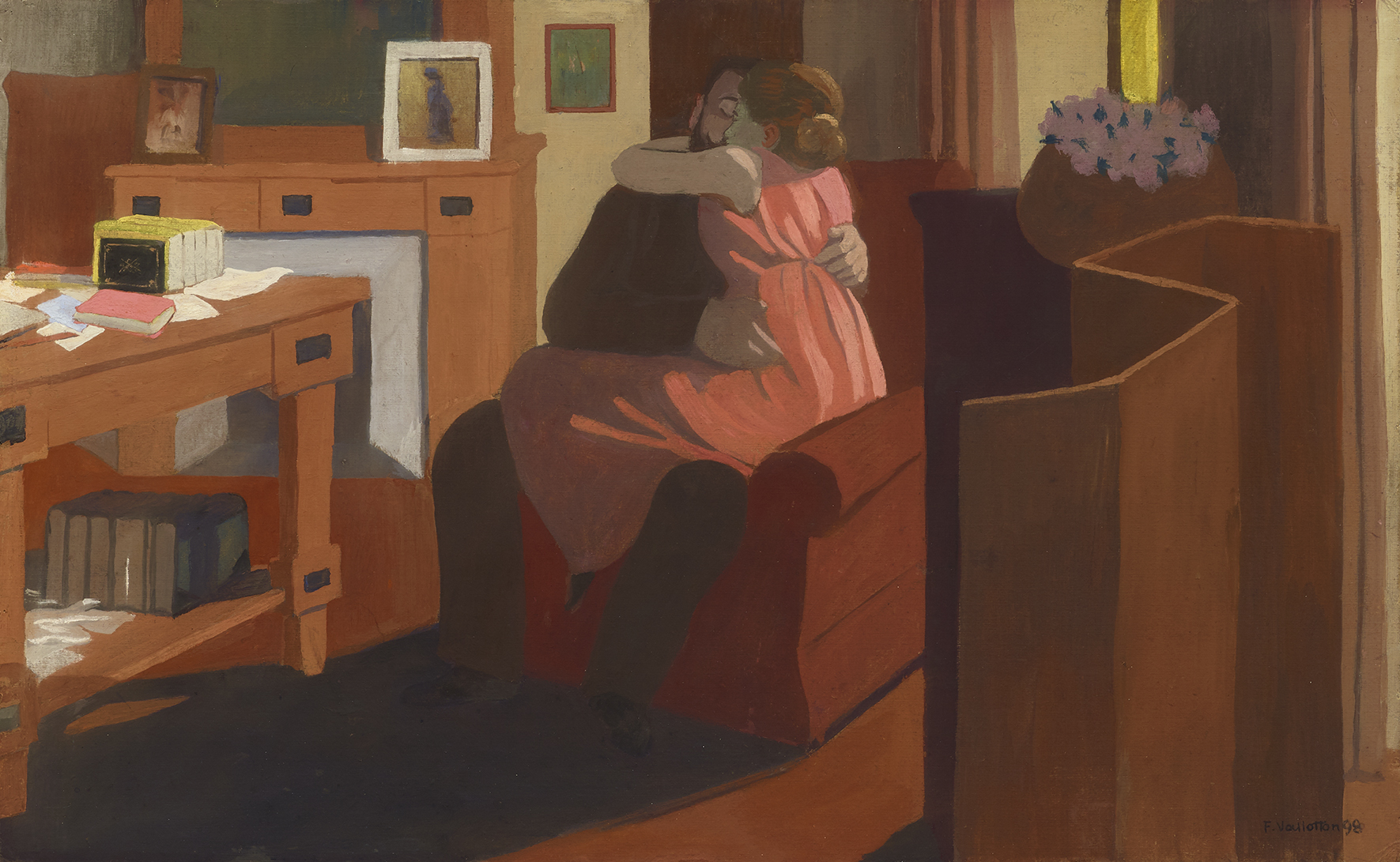 Un couple s’étreint dans un salon, derrière un paravent, dans Cinq heures de Félix Vallotton, 1898.