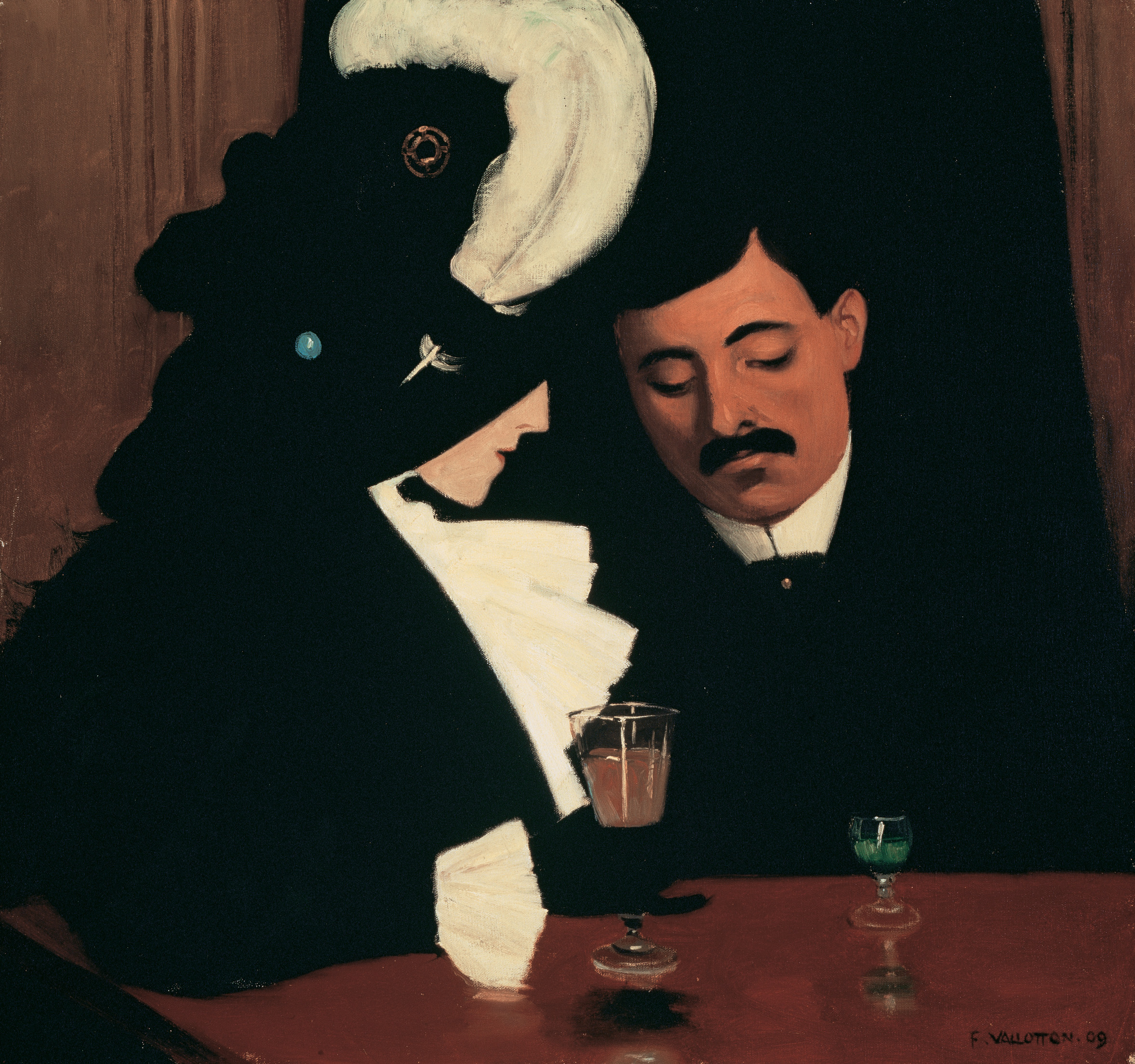 Un homme et une femme assis à une table, dans Le Provincial de Félix Vallotton, peint en 1909.